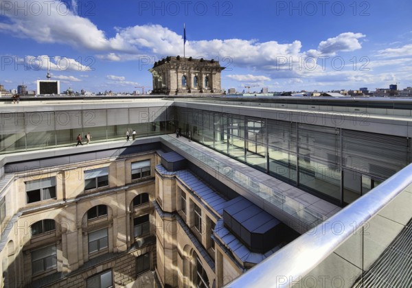Viewing platform with a view of an inner courtyard and one of the corner towers of the Reichstag building, government district, Berlin, Germany