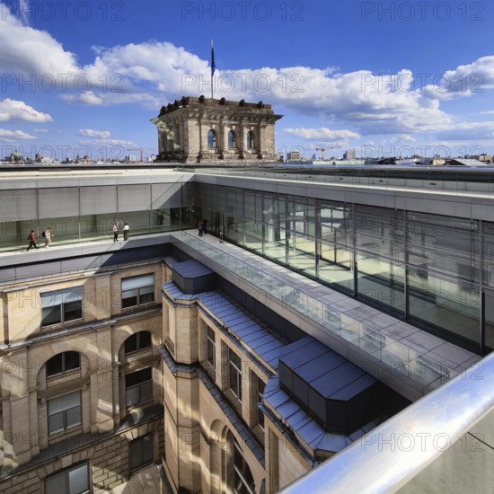 Viewing platform with a view of an inner courtyard and one of the corner towers of the Reichstag building, government district, Berlin, Germany