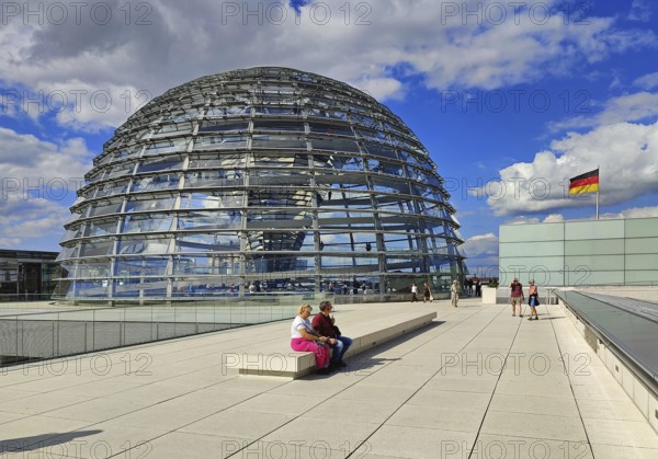 Viewing platform with the Reichstag dome and German flag, landmark, Reichstag, government, government district, Berlin, Germany