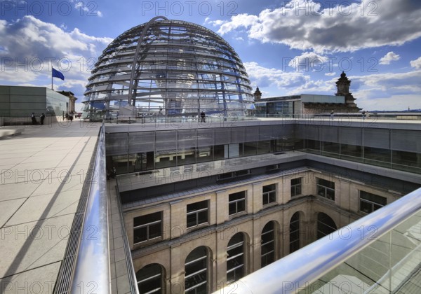 Viewing platform with a view of an inner courtyard and the Reichstag dome, government district, Berlin, Germany