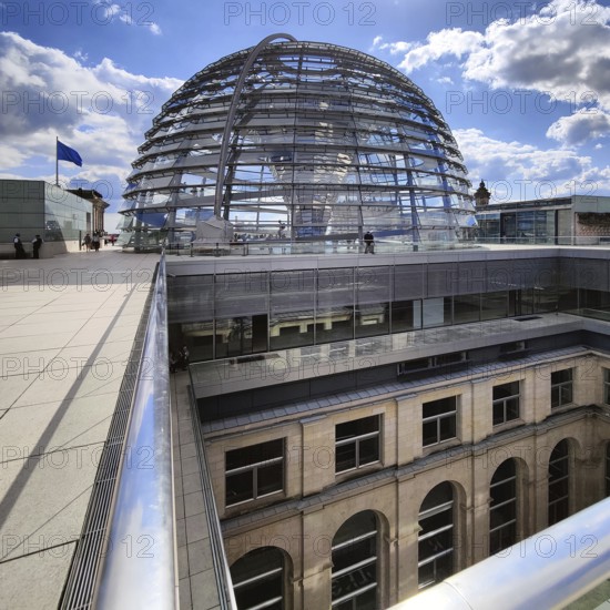 Viewing platform with a view of an inner courtyard and the Reichstag dome, government district, Berlin, Germany