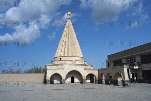 A large stone mausoleum with a dome against a clear blue sky, Yazidi temple, Shekhubekir, Sêxûbekir, Rya Taza, Ria Taza, Aragatsotn Province, Armenia