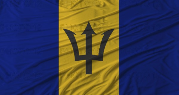 Barbadian flag waving. Flag of Barbados with cloth texture