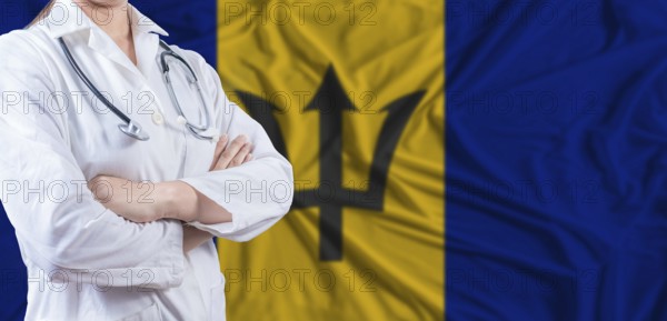 Doctor with crossed arms on Barbados flag. Barbados health and care concept. Female doctor on Barbados flag