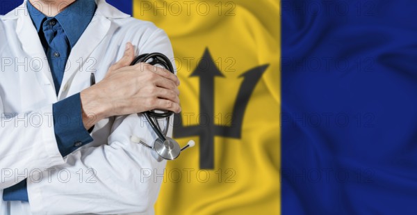 Barbados healthcare concept. Doctor with stethoscope on Barbados flag. Doctor holding stethoscope on Barbadian flag
