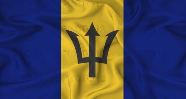 Realistic Barbados flag waving. Close up of flag of Barbados with cloth texture