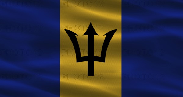 Barbados flag with fabric texture. Realistic flag of Barbados waving