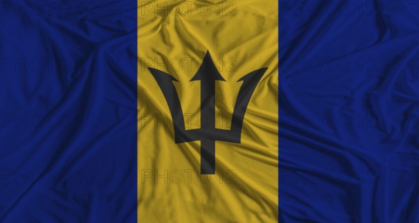 Barbadian flag with fabric texture background. National flag of Barbados