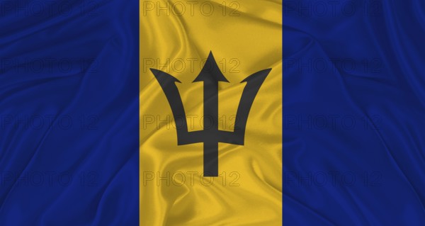 Flag of Barbados with cloth texture. Close up of Barbados flag waving