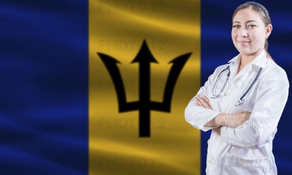 Female doctor on Barbados flag. Doctor with crossed arms on Barbados flag. Barbados health and care concept