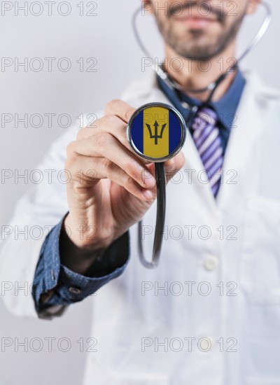 Barbados health and medical insurance concept. Barbados healthcare system, doctor holding stethoscope