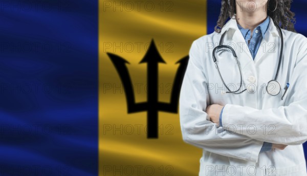 Medical professional on Barbados flag. Healthcare and wellness in Barbados, Concept