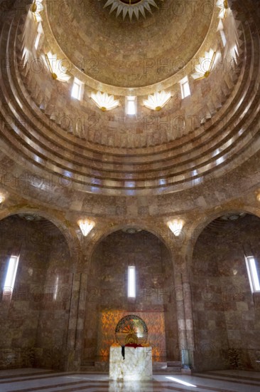 An interior with a domed golden dome and impressive pillars of light that create a majestic atmosphere, Yazidi Temple, Yazidi Temple, the largest Yazidi temple in the world is called Quba Mere Diwane, Aknalich, Aknalich, Armavir district, Armenia