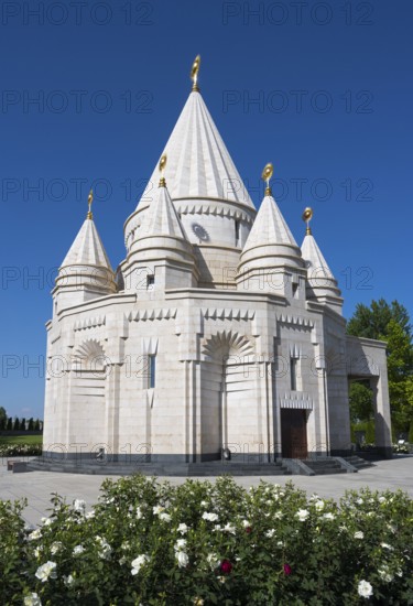 Magnificent temple with white domes surrounded by rose garden, Yazidi temple, Yazidi temple, the largest Yazidi temple in the world is called Quba Mere Diwane, Aknalich, Aknalich, Armavir district, Armenia