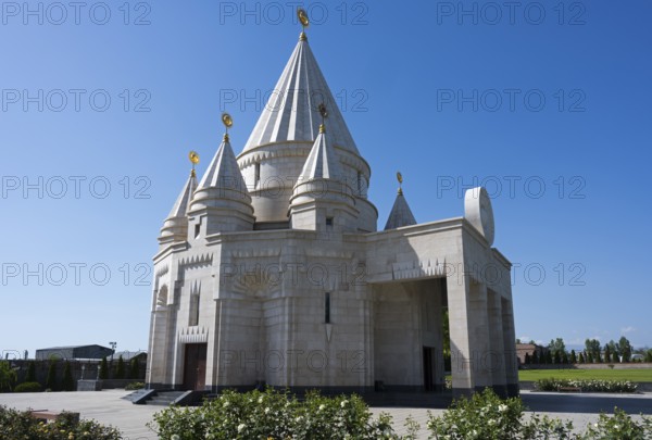 White temple with high towers and arches in front of a clear sky, Yazidi temple, Yazidi temple, the largest Yazidi temple in the world is called Quba Mere Diwane, Aknalich, Aknalich, Armavir district, Armenia