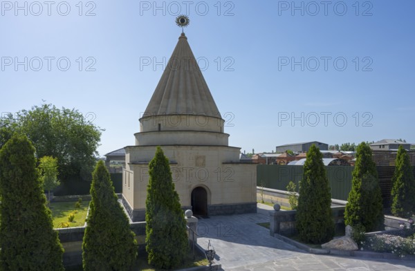 Temple with cone-shaped roof surrounded by a well-tended garden, Yazidi temple, Yazidi temple, Ziyarat temple, Aknalich, Aknalich, Armavir district, Armenia