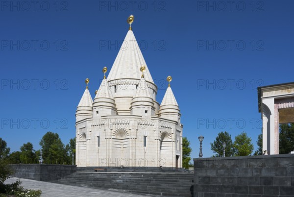 White temple with towers and domes under a clear blue sky, Yazidi temple, Yazidi temple, the largest Yazidi temple in the world is called Quba Mere Diwane, Aknalich, Aknalich, Armavir district, Armenia
