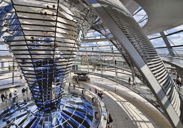 Interior view of the Reichstag dome with the mirror cone, sun protection element and visitors, Reichstag building, government district, Berlin, Germany