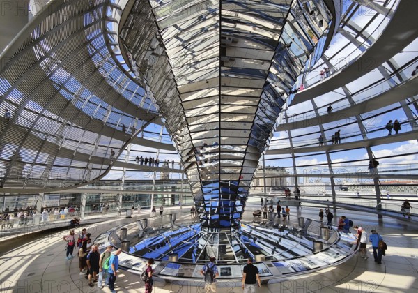 Interior view of the Reichstag dome with the mirror cone and visitors, Reichstag building, government district, Berlin, Germany