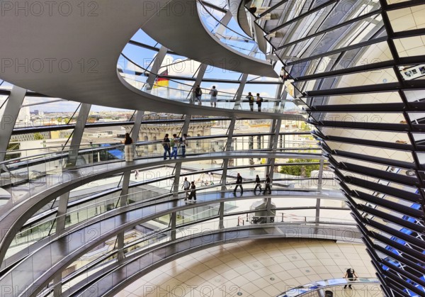 Interior view of the Reichstag dome with mirror cone and visitors, Reichstag building, landmark, government district, Berlin, Germany