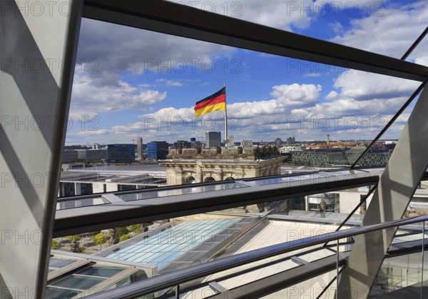 Interior view of the Reichstag dome with a view of a German flag without people, Reichstag building, government district, Berlin, Germany