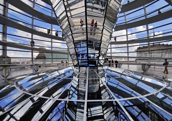 Interior view of the Reichstag dome with the mirror cone and visitors, Reichstag building, government district, Berlin, Germany