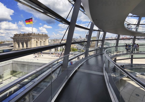 Interior view of the Reichstag dome with visitors and the German flag, Reichstag building, government district, Berlin, Germany