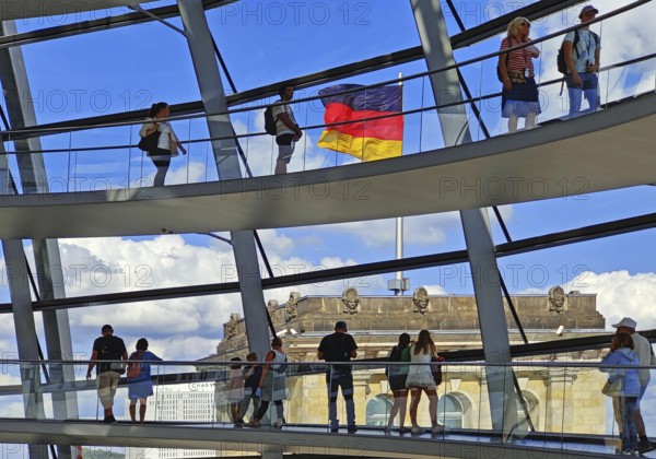 Interior view of the Reichstag dome with visitors on the ramps and the German flag, Reichstag Building, Berlin, Germany