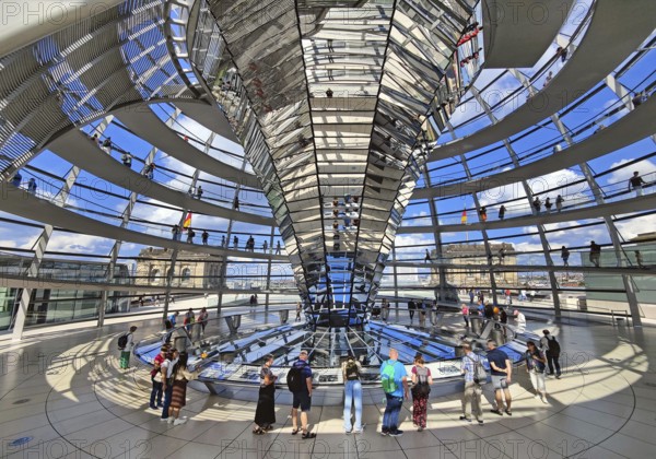 Interior view of the Reichstag dome with the mirror cone and visitors, Reichstag building, government district, Berlin, Germany