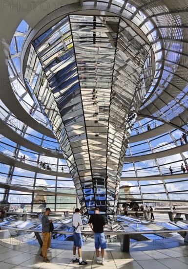 Interior view of the Reichstag dome with the mirror cone and visitors, Reichstag building, government district, Berlin, Germany