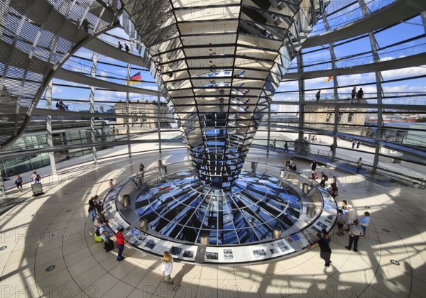 Interior view of the Reichstag dome with the mirror cone and visitors, Reichstag building, government district, Berlin, Germany