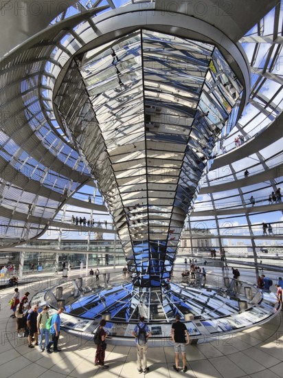 Interior view of the Reichstag dome with the mirror cone and visitors, Reichstag building, government district, Berlin, Germany