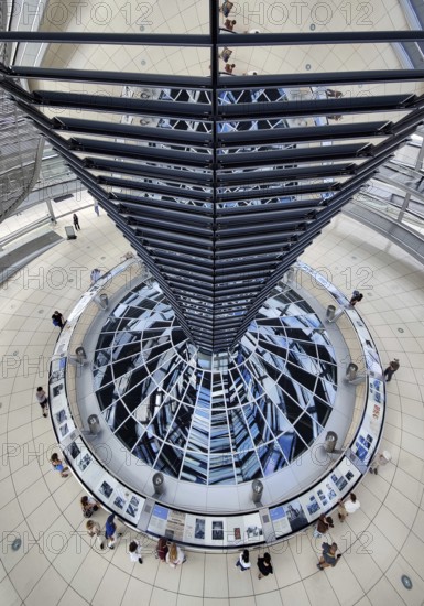 Reichstag dome, interior view from top to bottom of the mirror cone with visitors, Reichstag building, government district, Berlin, Germany