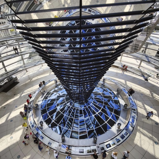 Reichstag dome, interior view from top to bottom of the mirror cone with visitors, Reichstag building, government district, Berlin, Germany