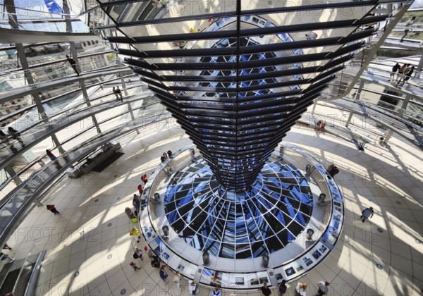 Reichstag dome, interior view from top to bottom of the mirror cone with visitors, Reichstag building, government district, Berlin, Germany