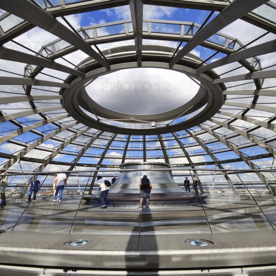 Interior view of the Reichstag dome with visitor platform under the open dome, Reichstag building, government district, Berlin, Germany