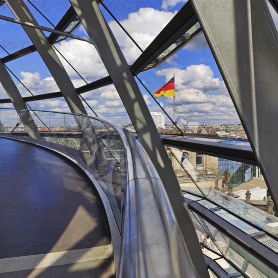 Interior view of the Reichstag dome with a view of a German flag without people, Reichstag building, government district, Berlin, Germany