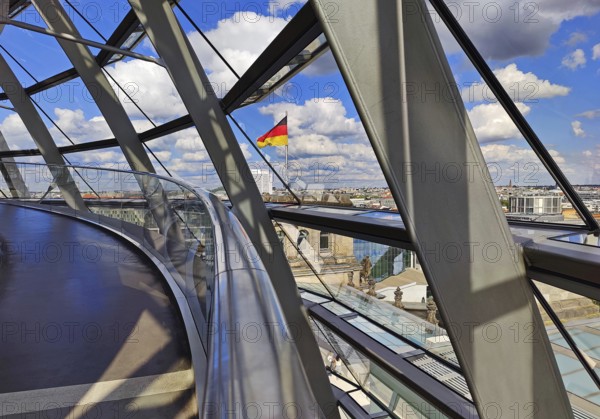 Interior view of the Reichstag dome with a view of a German flag without people, Reichstag building, government district, Berlin, Germany