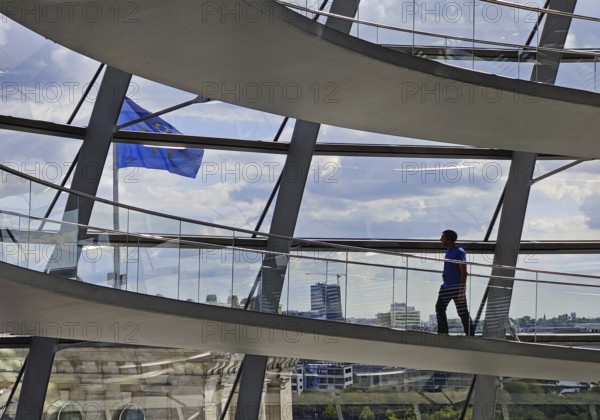 Interior view of the Reichstag dome with a view of a European flag and a person, Reichstag building, government district, Berlin, Germany