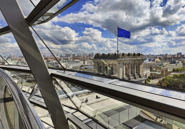 Interior view of the Reichstag dome with a view of a European flag without people, Reichstag building, government district, Berlin, Germany