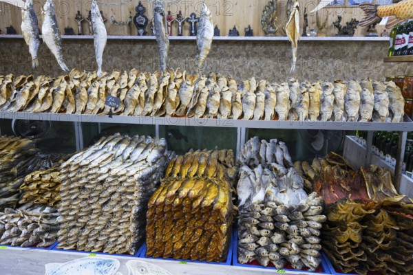 Different types of fish are neatly stacked on a shelf in a fish market, fish sale, Tsovagyugh, Lake Sevan, Gegharkunik province, Armenia