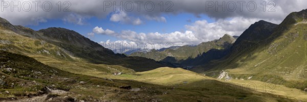 Panorama with Gotthard area, Alpe Carorescio with Piano Grande plateau, Quinto, Ticino, Switzerland