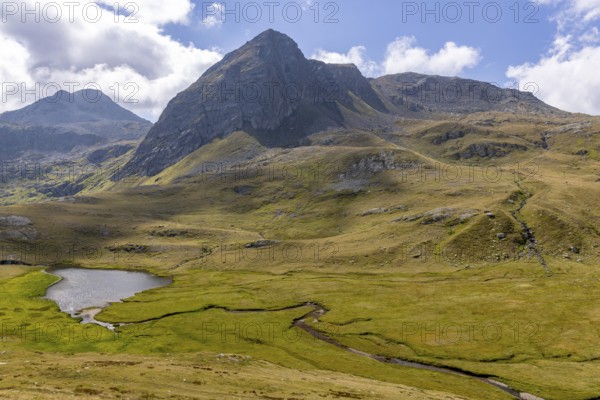 Lago di Cane and summit Paré di Scut, at Passo del Sole, Blenio Valley, Olivone, Ticino, Switzerland