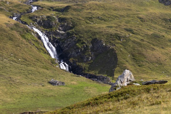 Waterfall on the ascent to Passo dell'Uomo, Alpe Carorescio, Quinto, Ticino, Switzerland