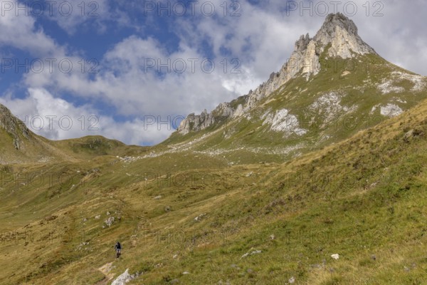 Campanítt, Pizz di Colómb and Passo del Sole, with mountain biker, Olivone, Ticino, Switzerland