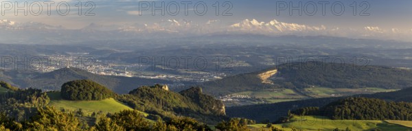 Panorama from the Wisenberg tower with Wisner Flueh, behind it Mittelland with Aare, in the far background Alpine panorama with Bernese Alps with Eiger, Mönch and Jungfrau and Central Alps with Tödi, Wisen, Solothurn, Switzerland