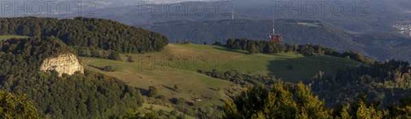 Panorama of Wisner Flueh and Frohburg with transmission tower from the Wisenberg tower, Wisen, Solothurn, Switzerland