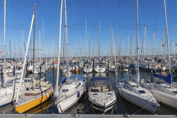 Olympic harbour Schilksee, Olympic Games 1972, sailing yachts at the jetty, ship masts, sunshine, blue sky, Baltic Sea, Bay of Kiel, Kiel Sailing City, Schleswig-Holstein, Germany