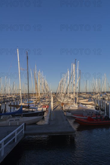 Olympic harbour Schilksee, Olympic Games 1972, sailing yachts at the jetty, ship masts in a row, evening light, sunshine, blue sky, Baltic Sea, Kiel Bay, Kiel Sailing City, Schleswig-Holstein, Germany