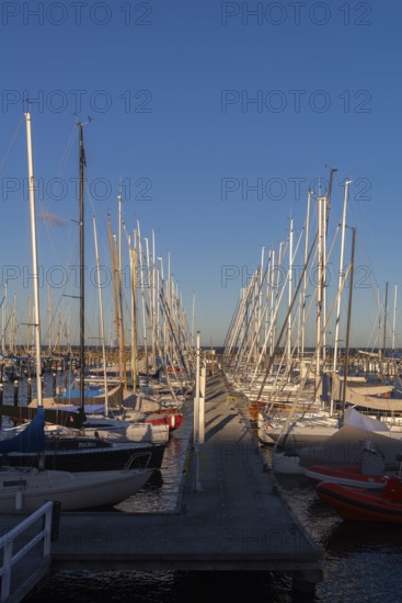 Olympic harbour Schilksee, Olympic Games 1972, sailing yachts at the jetty, ship masts in a row, evening light, sunshine, blue sky, Baltic Sea, Kiel Bay, Kiel Sailing City, Schleswig-Holstein, Germany